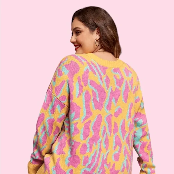 Bibi Orange and Pink Crew Neck Sweater with leopard Playful Pattern Size L - Picture 11 of 11